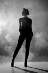 Silhouette of a woman in high heels and leggings standing in smoke