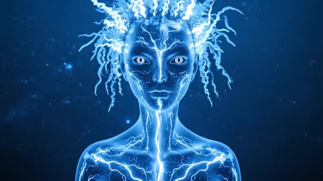 Abstract Humanoid Figure with Electric Energy Flowing Through Body and Head.