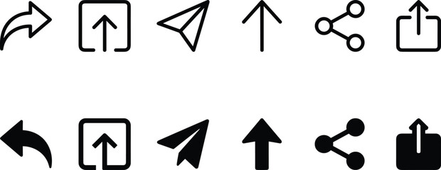 Share upload send icons, action symbol set, curved arrow, paper plane, network graphic, UI interface design, minimal style, digital button