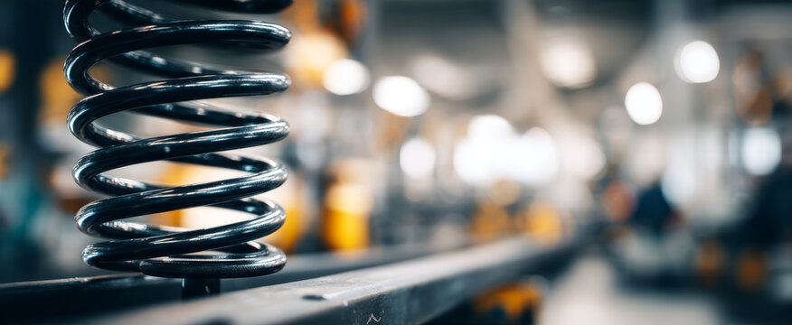 A shiny black industrial compression spring on a production line in a manufacturing facility