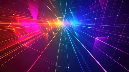 Glowing neon grid lines form a colorful digital tunnel suggesting fast data flow, network connectivity and futuristic visualization for technology, internet and big data concepts