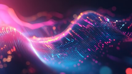 Abstract digital wave surface exhibiting glowing particles and dynamic light effects, representing modern technology, data flow, quantum computing, and big data visualization