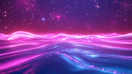Futuristic digital waves ripple with vibrant pink and blue neon light, forming an abstract landscape under a dark sky scattered with sparkling stars, representing technology and energy