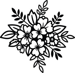Black outline floral bouquet with leaves and small flowers on a white background Keywords: floral