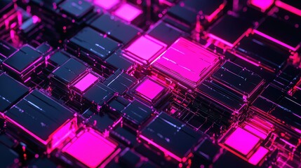 Abstract technology background illustrating processing data and connectivity with illuminated squares on a dark structured surface, representing computing and innovation