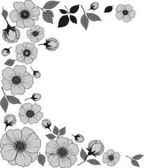Delicate grey floral border with blooming flowers and buds on white background leaves