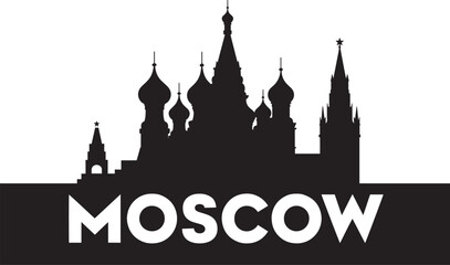 Moscow city skyline silhouette with saint basil's cathedral and historical buildings