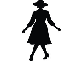 Silhouette of a woman in a wide-brimmed hat and dress with puffed sleeves Keywords: silhouette, woman