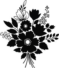 Stylized Black Silhouette Bouquet of Flowers and Leaves on White Background Keywords: bouquet, flowers