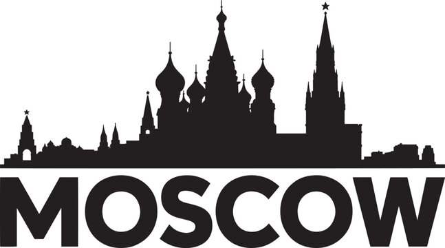 Moscow city skyline silhouette with famous spasskaya tower and saint basil's cathedral