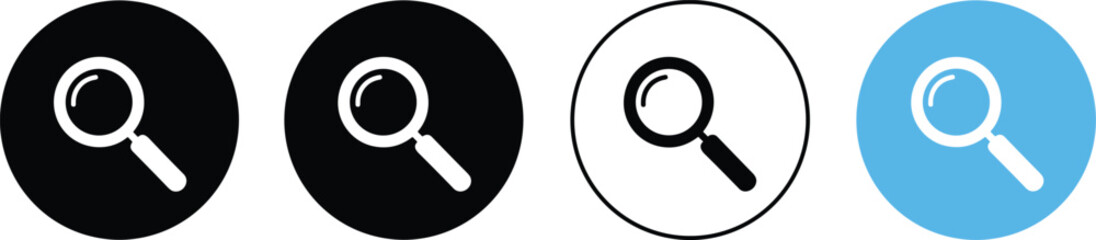 Search icon set, magnifying glass symbols, editable, isolated, black, white, blue design, UI vector pack, zoom clipart