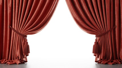 Red theater stage curtains open isolated on white background
