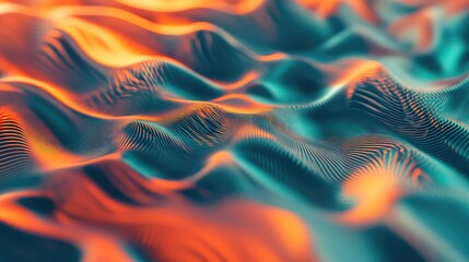 Abstract digital surface presenting dynamic flowing lines in radiant orange and teal colors, visualizing data arrays and technological network connections
