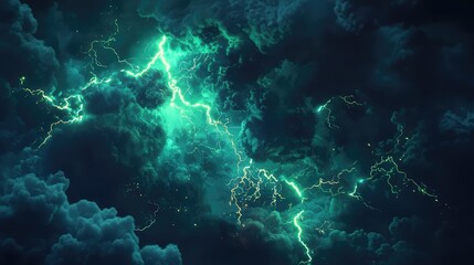 Electrifying green lightning bolts striking across voluminous, dark, and turbulent storm clouds, creating a dramatic and energetic display of nature's raw power and atmospheric electricity
