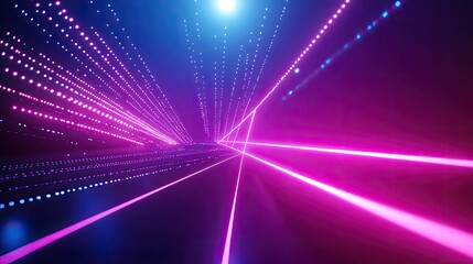 Bright neon beams and glowing dots streak through a dark blue and magenta tunnel, suggesting high speed data flow, network connections and futuristic digital communication