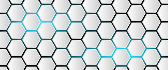 White 3d hexagonal technology vector abstract background. Blue bright energy flashes under hexagon in modern technology futuristic background vector illustration. White honeycomb texture grid.