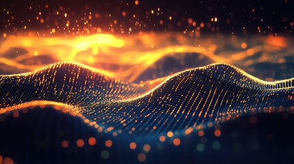 Futuristic data stream flows across an intricate grid of glowing particles and lines, portraying big data analytics, interconnected networks, ai driven information flow and luminous motion