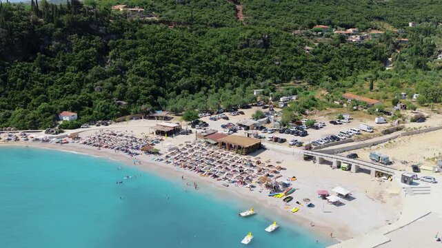 Aerial view of vibrant turquoise waters meeting a sandy beach dotted with colorful umbrellas and parked cars, Himare, Vlore County, Albania.