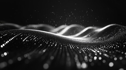 Abstract digital wave of glowing particles creating a futuristic data visualization, representing interconnected networks, modern technology, and the flow of information in cyberspace