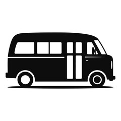 Minibus vector silhouette side view public transportation small bus for urban travel passenger vehicle commuter service city transit black and white drawing