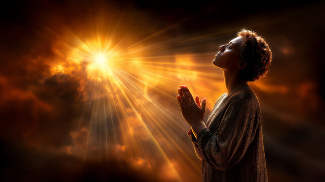 Faceless spiritual figure extending hand in prayer gesture against dramatic dark background, faith and hope atmosphere, salvation symbolism, defocused shadows, religious theme for 