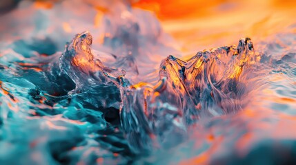Abstract liquid surface where cool blue and fiery orange swirl and ripple, creating a vibrant, high contrast texture that evokes flowing motion, energy, and modern liquid art