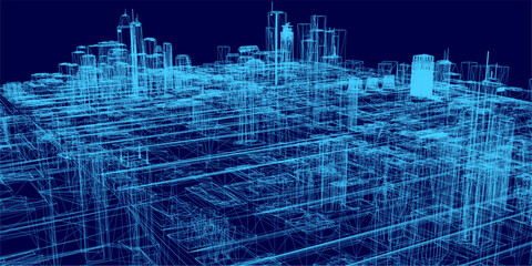 A 3D wireframe city pack model displays architectural blueprints of buildings against a solid blue background.