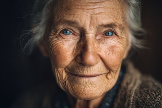 Close up portrait of a kind elderly woman with wrinkles and deep blue eyes smiling softly