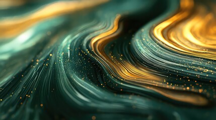 Abstract background presenting a dynamic flow of rich teal and golden liquid like strokes, illuminated by scattered bright shimmering particles, creating a sense of luxury and fluid movement