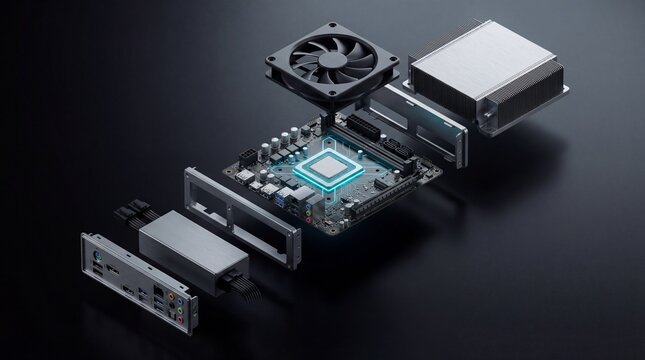 Computer hardware components explosion view