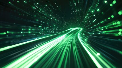 Abstract digital highway of glowing green light streams racing through a fiber optic tunnel, visualizing high speed data transfer, internet connectivity and futuristic communication