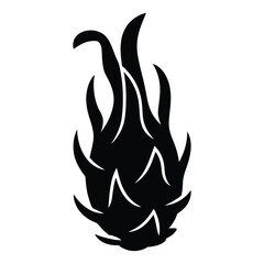 Whole dragon fruit pitahaya exotic fruit with pointy scales black and white vector illustration isolated on a clean white background