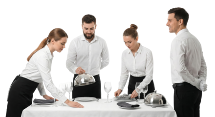 professional waitstaff preparing dining setup with attentive service on isolated background