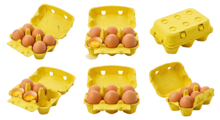 various egg cartons containing fresh eggs displayed on isolated transparent background appreciated