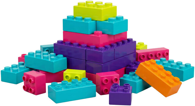 colorful plastic building blocks arranged in a playful tower isolated on transparent background