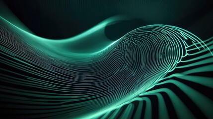 Abstract digital lines create a dynamic flowing pattern, representing data transfer, technology, and futuristic network connections in a vibrant teal glow against a dark background