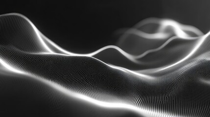 Digital particle wave flowing across a dark background, creating dynamic abstract light patterns and representing data, sound frequency, and technological concepts