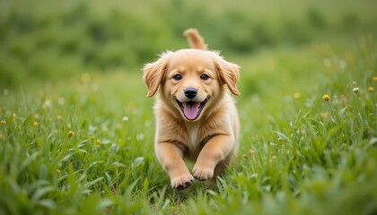 Playful golden retriever puppy running through green grass field with joyful expression capturing pure happiness and energetic movement