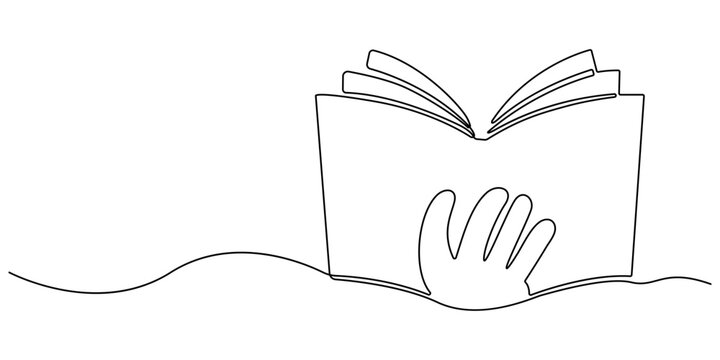 Continuous line of boy reading a book sitting on the floor. One line drawing of happy boy studying. Single line vector illustration. Isolated white background.