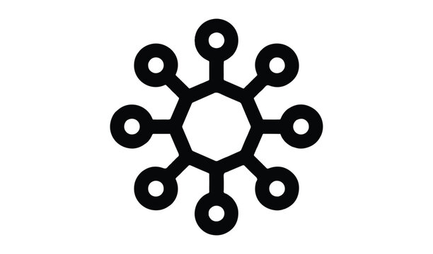 Abstract geometric symbol representing connection or network, a central circle with orbiting elements