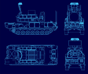 Detailed blueprint of a military tank on a stark blue background, highlighting its turret, tracks, and anti-aircraft missile system components.