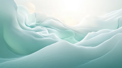 Soft undulating teal and light blue abstract forms creating a tranquil and ethereal background, depicting gentle motion and fluidity with a bright, luminous highlight