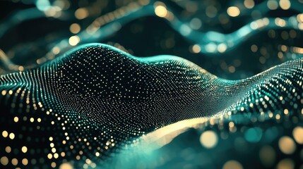 Digital network creating an abstract landscape of interconnected glowing data points, visualizing big data, artificial intelligence, and cutting edge technology concepts