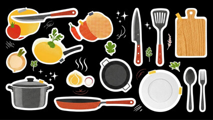 Modern Retro Halftone Cooking Kitchen Sticker Elements Set on Black Background