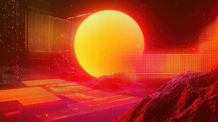 Digital landscape presenting a vibrant orange sun setting over abstract terrain with glowing, grid like geometric elements, creating a synthwave and cybernetic aesthetic