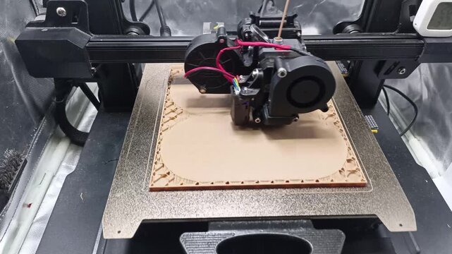 Detailed close-up shot of a Fused Deposition Modeling (FDM) 3D printer nozzle extruding light brown filament, building a complex container layer by layer.