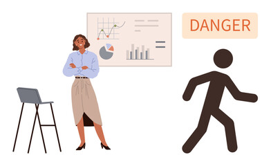 Woman beside charts analyzing business data, fleeing stick figure below danger sign. Ideal for teamwork, analytics, emergency, risk management, decision-making, safety alert communication. A simple