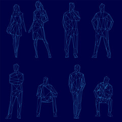 A symmetrical pack of six low poly people figures in unique shapes and sizes. The wireframe models stand out against a stark blue background.
