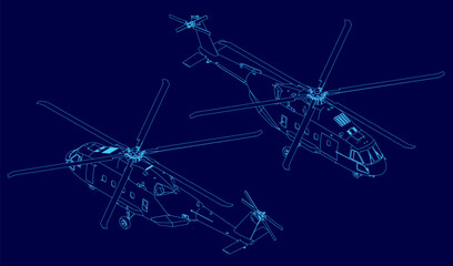 Detailed blueprint of two military helicopters in contour line art on blue background. Each aircraft features unique design elements and rotor specifications for technical illustration. Isometric view © German Ovchinnikov