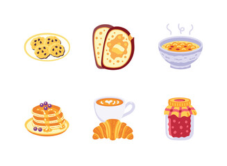 Simple Set of Cozy Simple Set of Cozy Winter Related Colorful Icons. Contains Icons as Cookies, Bread, Soup, Pancakes, Croissant, Jam Jar. Colorful Icons